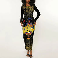 HBCU Grad Personalized Queen Poker Card Long Sleeve Bodycon Dress Golden Pattern