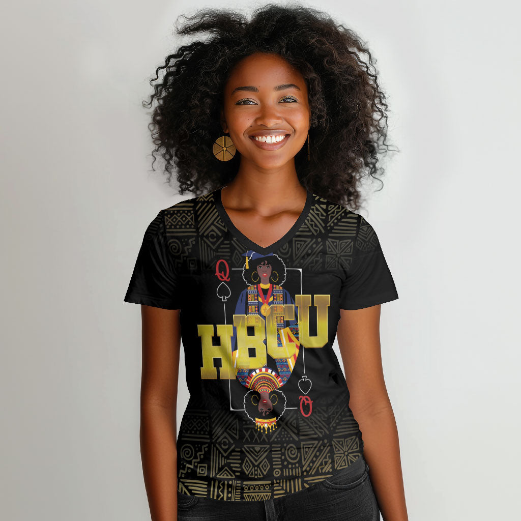 HBCU Grad Personalized Queen Poker Card Women V-Neck T-Shirt Golden Pattern