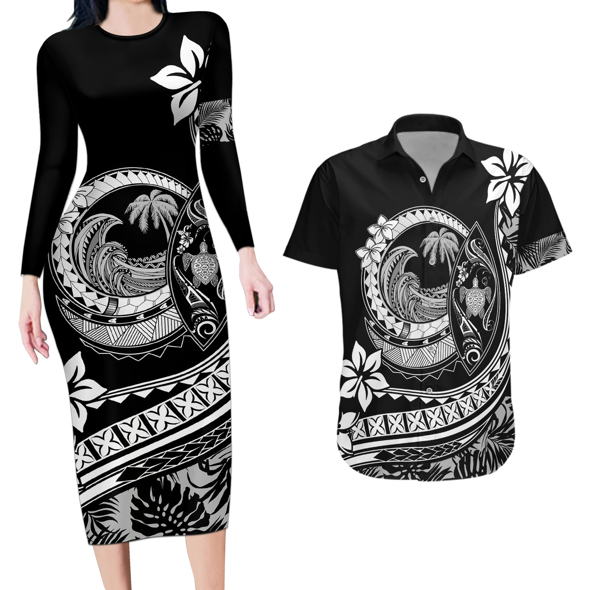 Polynesian Plumeria Couples Matching Long Sleeve Bodycon Dress and Hawaiian Shirt Ride The Waves - Black LT7 - Wonder Print Shop