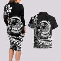 Polynesian Plumeria Couples Matching Long Sleeve Bodycon Dress and Hawaiian Shirt Ride The Waves - Black LT7 - Wonder Print Shop