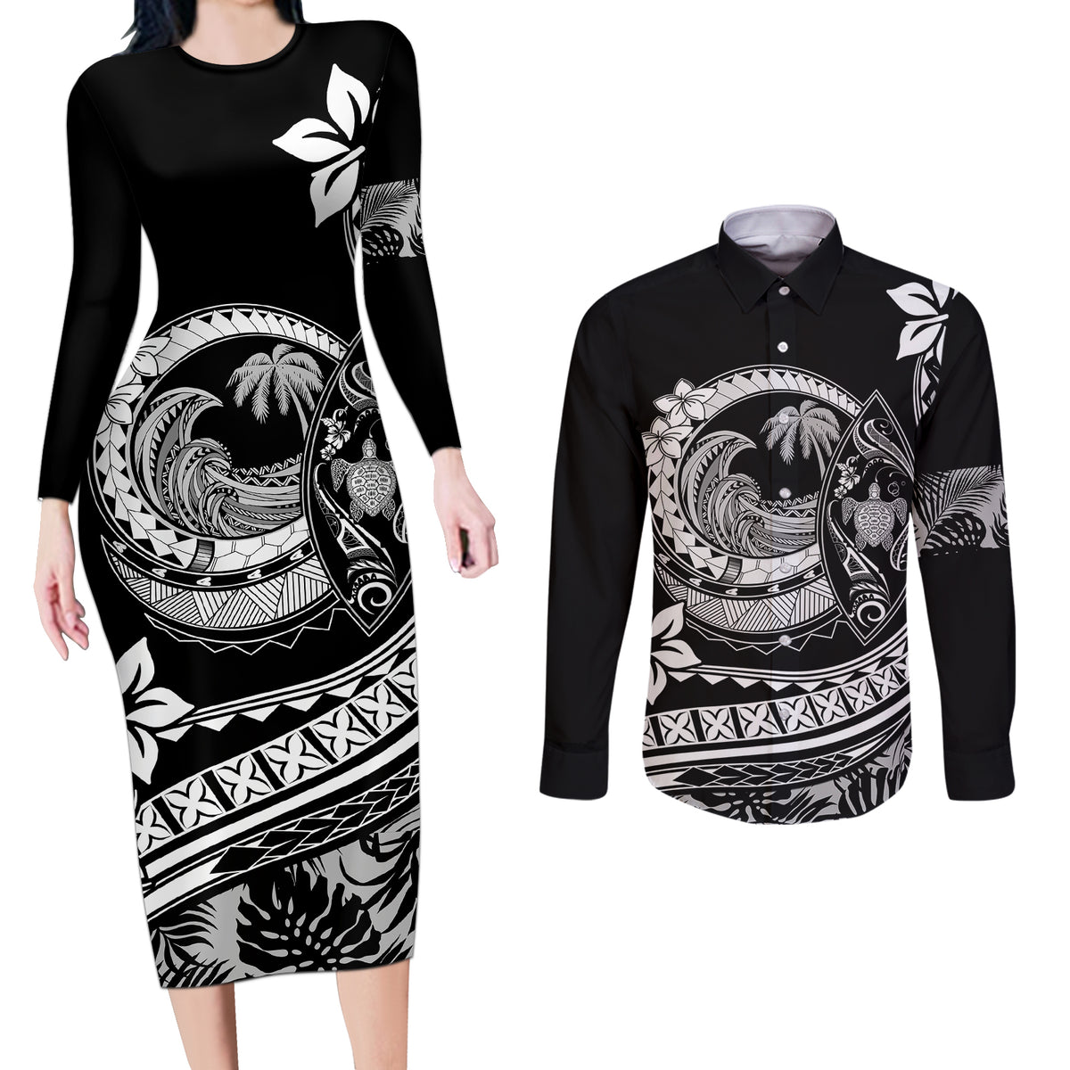 Polynesian Plumeria Couples Matching Long Sleeve Bodycon Dress and Long Sleeve Button Shirts Ride The Waves - Black LT7 - Wonder Print Shop