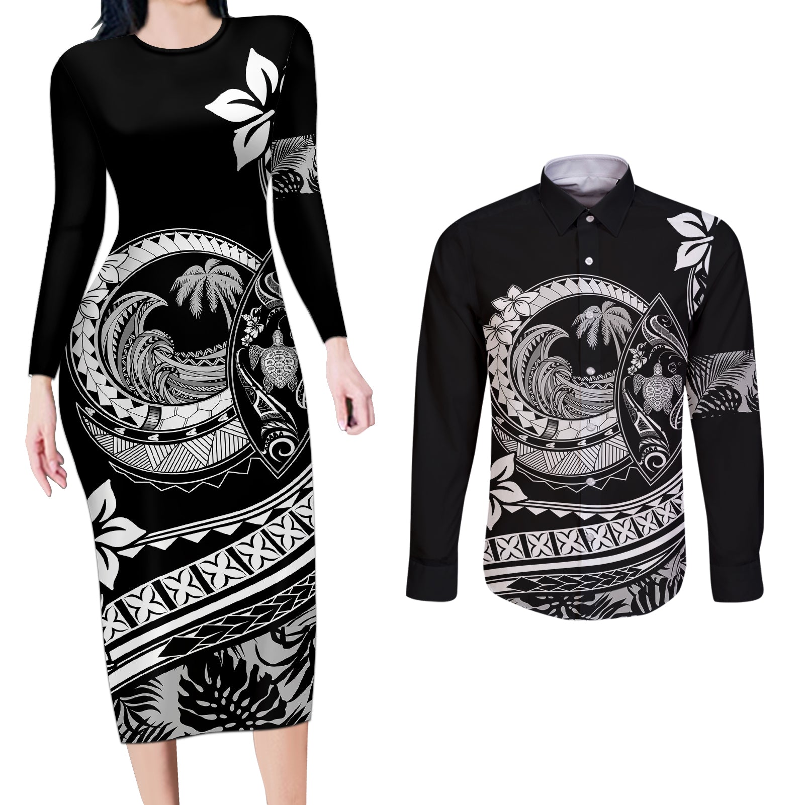 Polynesian Plumeria Couples Matching Long Sleeve Bodycon Dress and Long Sleeve Button Shirts Ride The Waves - Black LT7 - Wonder Print Shop