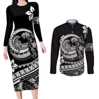 Polynesian Plumeria Couples Matching Long Sleeve Bodycon Dress and Long Sleeve Button Shirts Ride The Waves - Black LT7 - Wonder Print Shop