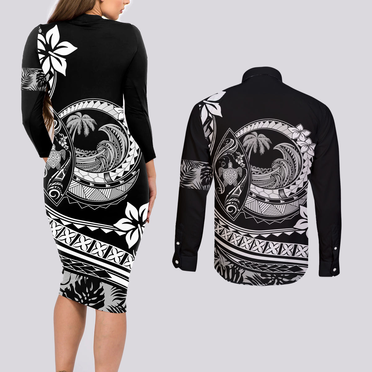 Polynesian Plumeria Couples Matching Long Sleeve Bodycon Dress and Long Sleeve Button Shirts Ride The Waves - Black LT7 - Wonder Print Shop