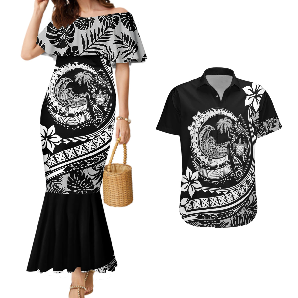 Polynesian Plumeria Couples Matching Mermaid Dress And Hawaiian Shirt Ride The Waves - Black LT7 - Wonder Print Shop