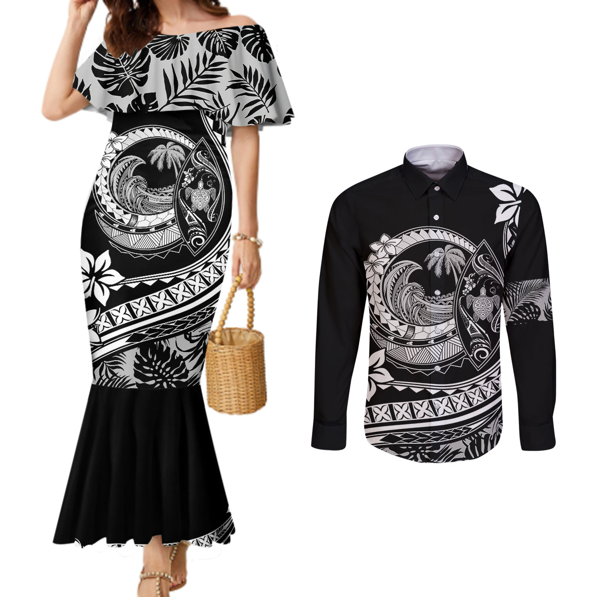polynesian-plumeria-couples-matching-mermaid-dress-and-long-sleeve-button-shirts-ride-the-waves-black