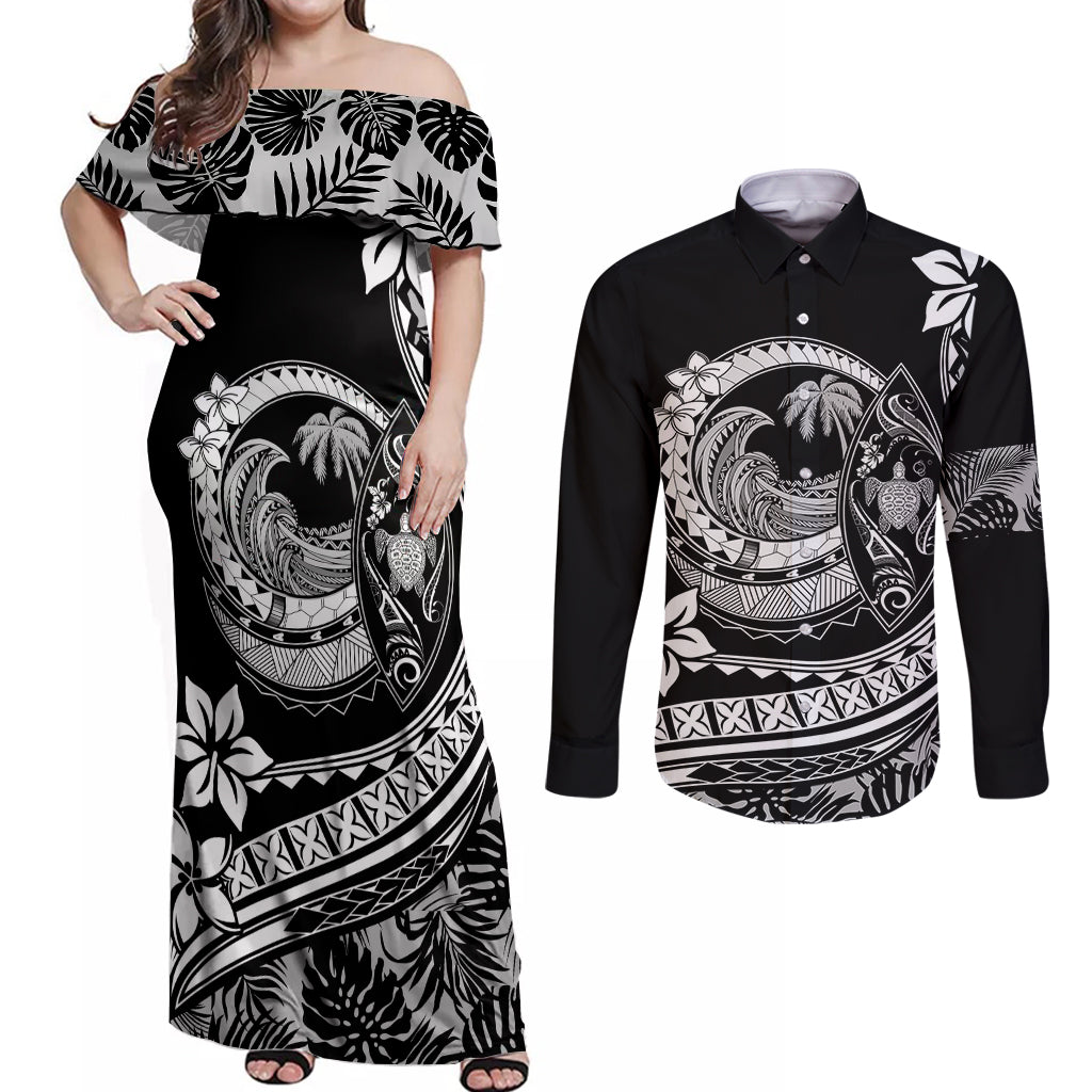 Polynesian Plumeria Couples Matching Off Shoulder Maxi Dress and Long Sleeve Button Shirts Ride The Waves - Black LT7 - Wonder Print Shop