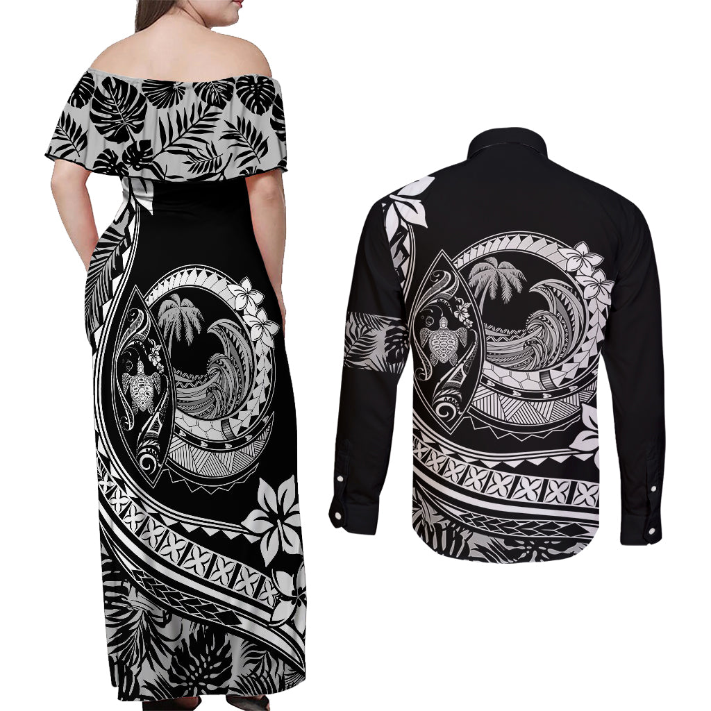 Polynesian Plumeria Couples Matching Off Shoulder Maxi Dress and Long Sleeve Button Shirts Ride The Waves - Black LT7 - Wonder Print Shop