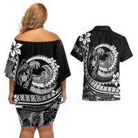 Polynesian Plumeria Couples Matching Off Shoulder Short Dress and Hawaiian Shirt Ride The Waves - Black LT7 - Wonder Print Shop