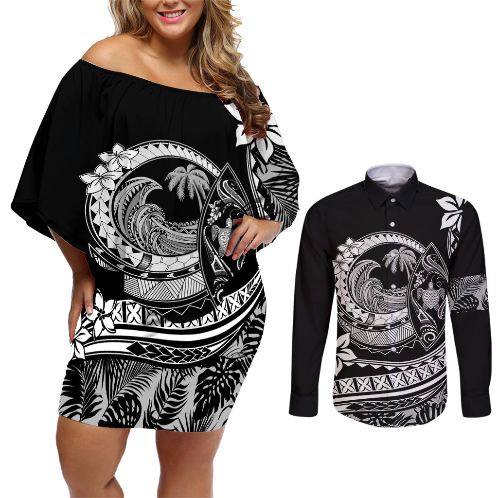 Polynesian Plumeria Couples Matching Off Shoulder Short Dress and Long Sleeve Button Shirts Ride The Waves - Black LT7 - Wonder Print Shop