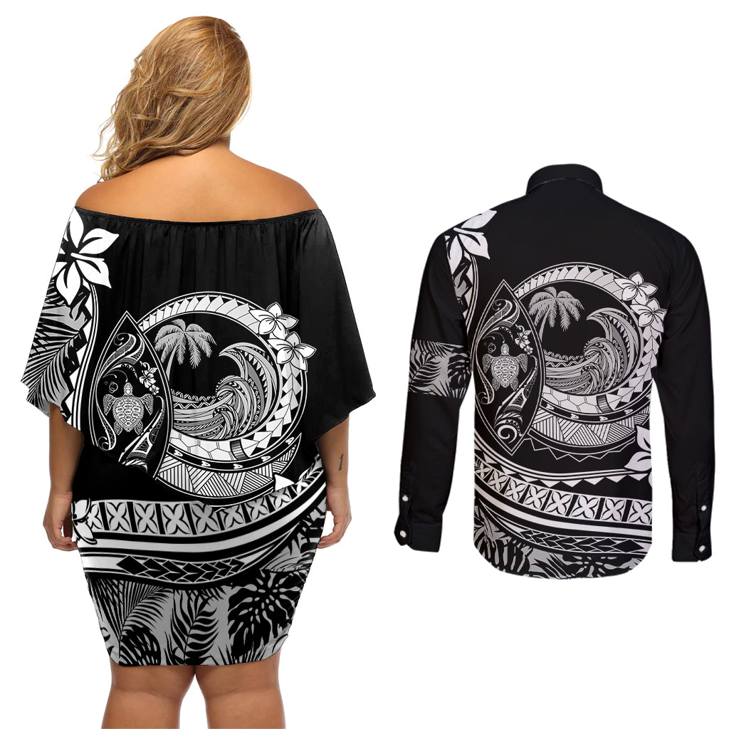 Polynesian Plumeria Couples Matching Off Shoulder Short Dress and Long Sleeve Button Shirts Ride The Waves - Black LT7 - Wonder Print Shop