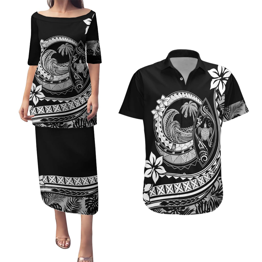 Polynesian Plumeria Couples Matching Puletasi Dress and Hawaiian Shirt Ride The Waves - Black LT7 - Wonder Print Shop