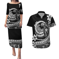 Polynesian Plumeria Couples Matching Puletasi Dress and Hawaiian Shirt Ride The Waves - Black LT7 - Wonder Print Shop