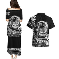 Polynesian Plumeria Couples Matching Puletasi Dress and Hawaiian Shirt Ride The Waves - Black LT7 - Wonder Print Shop