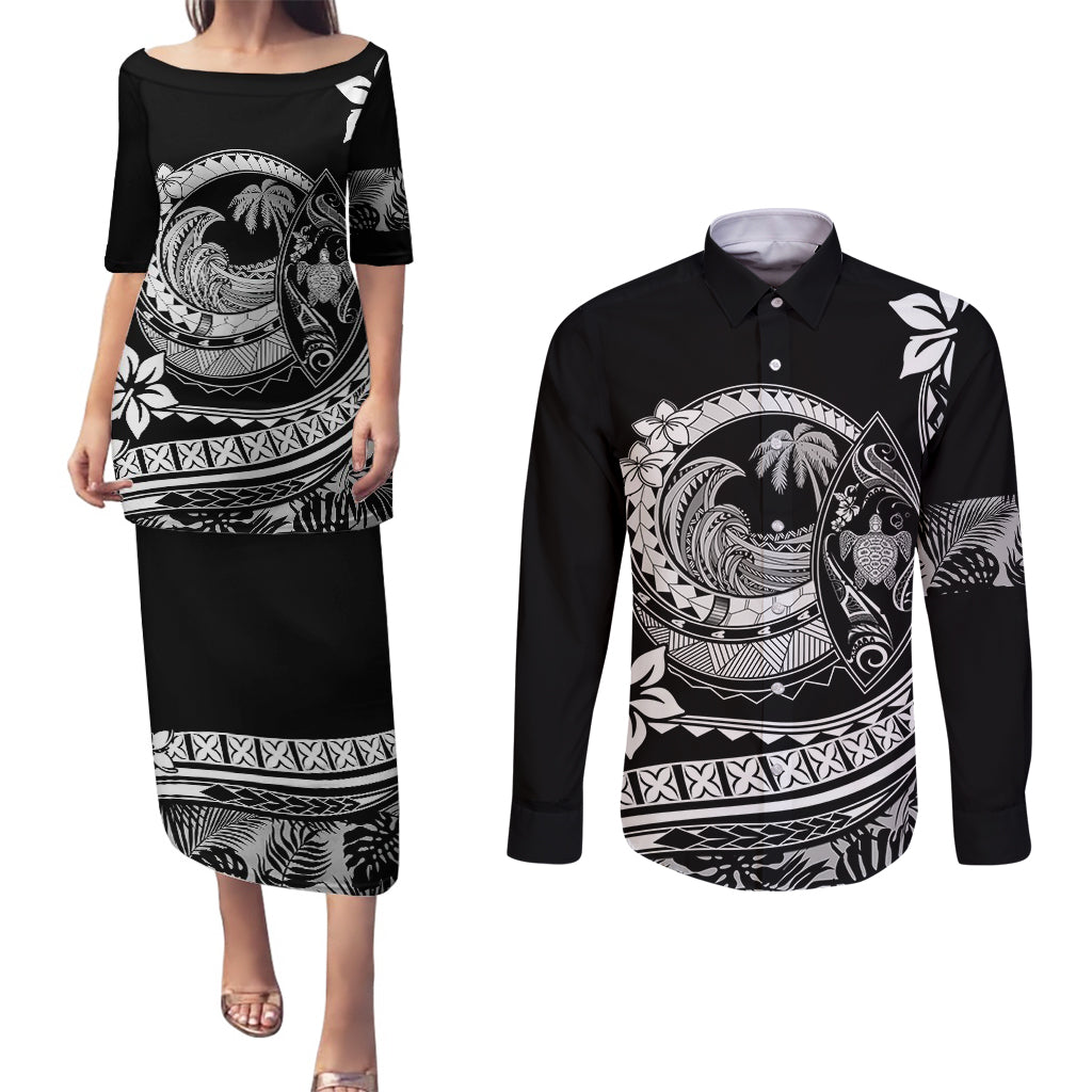 Polynesian Plumeria Couples Matching Puletasi Dress and Long Sleeve Button Shirts Ride The Waves - Black LT7 - Wonder Print Shop