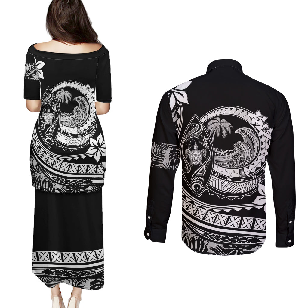 Polynesian Plumeria Couples Matching Puletasi Dress and Long Sleeve Button Shirts Ride The Waves - Black LT7 - Wonder Print Shop