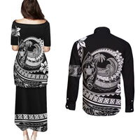 Polynesian Plumeria Couples Matching Puletasi Dress and Long Sleeve Button Shirts Ride The Waves - Black LT7 - Wonder Print Shop