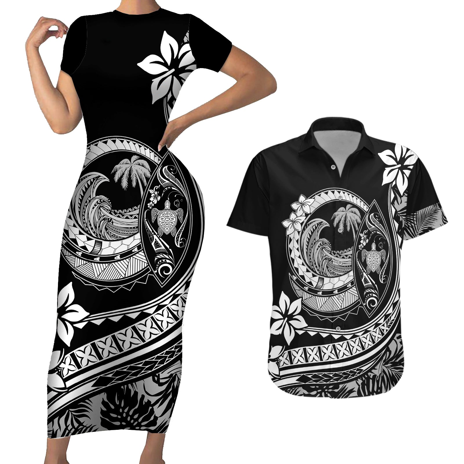 Polynesian Plumeria Couples Matching Short Sleeve Bodycon Dress and Hawaiian Shirt Ride The Waves - Black LT7 - Wonder Print Shop