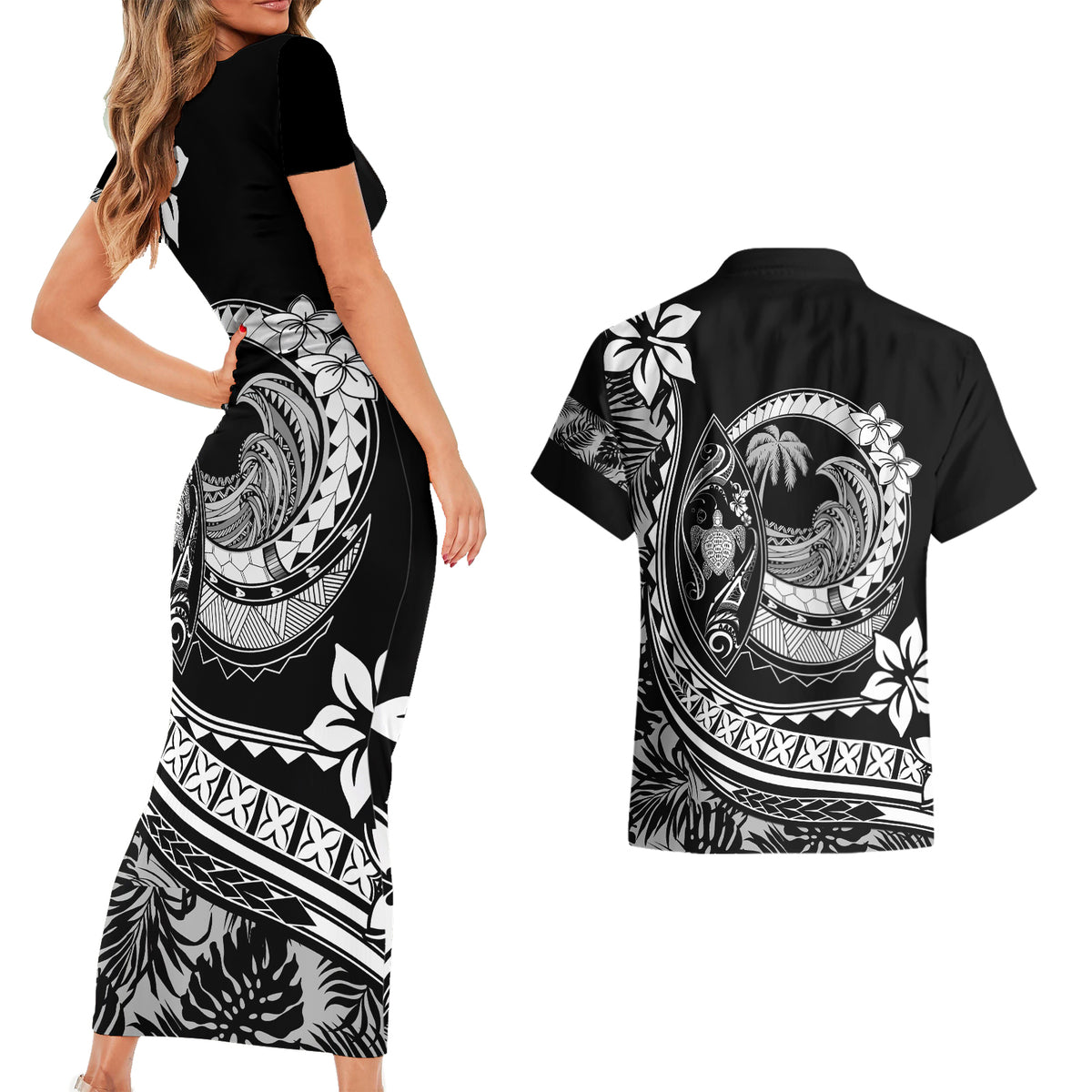 Polynesian Plumeria Couples Matching Short Sleeve Bodycon Dress and Hawaiian Shirt Ride The Waves - Black LT7 - Wonder Print Shop