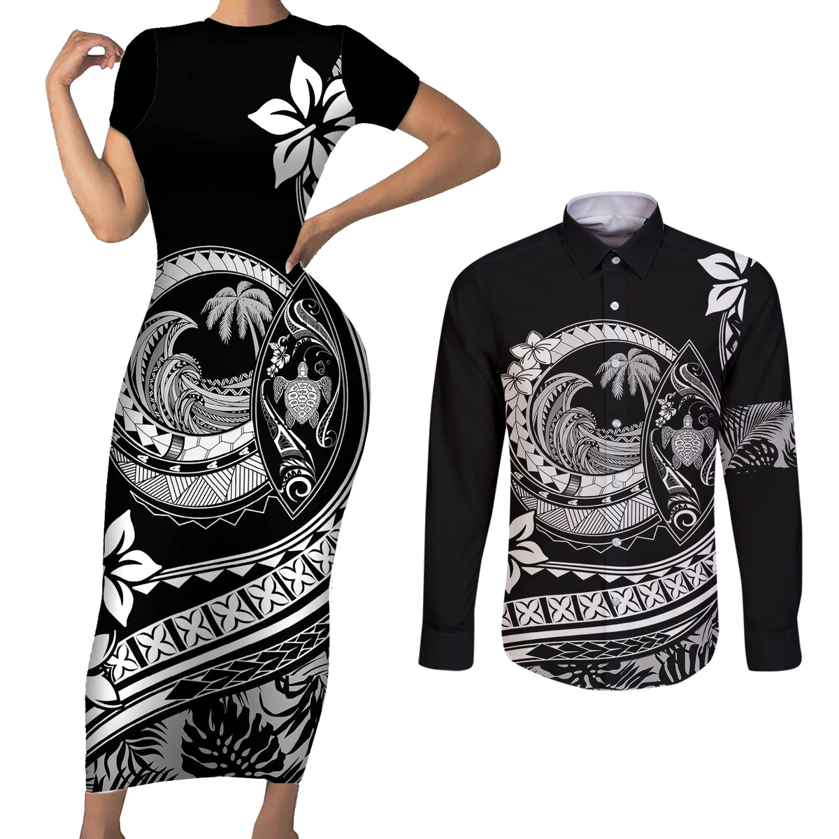 Polynesian Plumeria Couples Matching Short Sleeve Bodycon Dress and Long Sleeve Button Shirts Ride The Waves - Black LT7 - Wonder Print Shop