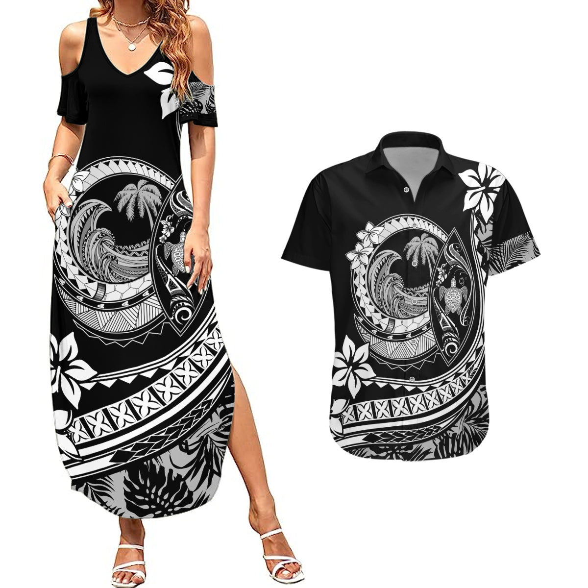 Polynesian Plumeria Couples Matching Summer Maxi Dress and Hawaiian Shirt Ride The Waves - Black LT7 - Wonder Print Shop