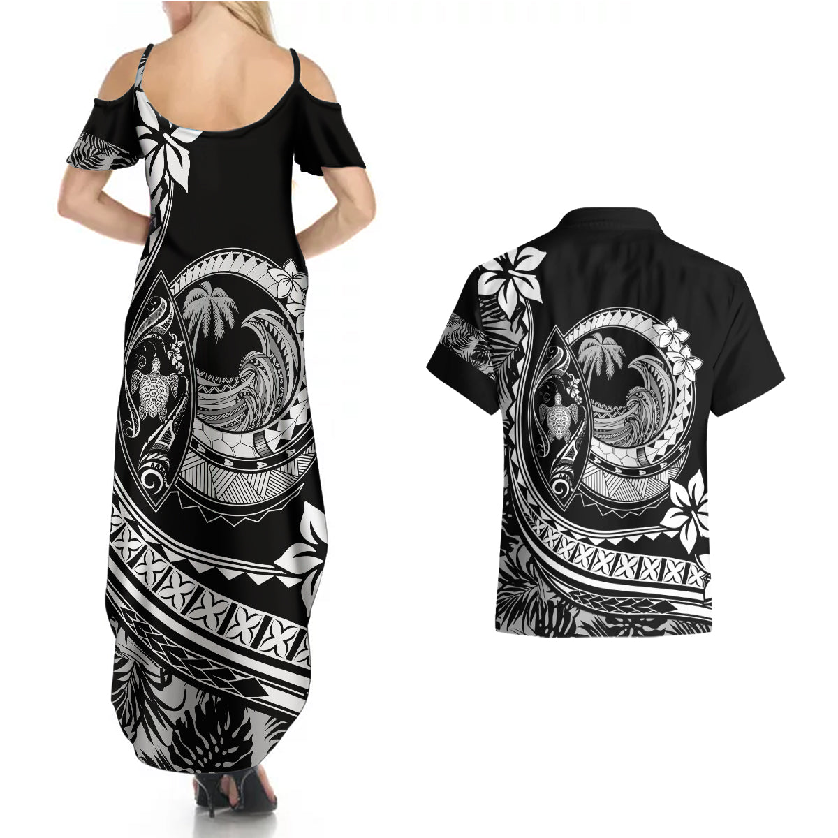 Polynesian Plumeria Couples Matching Summer Maxi Dress and Hawaiian Shirt Ride The Waves - Black LT7 - Wonder Print Shop