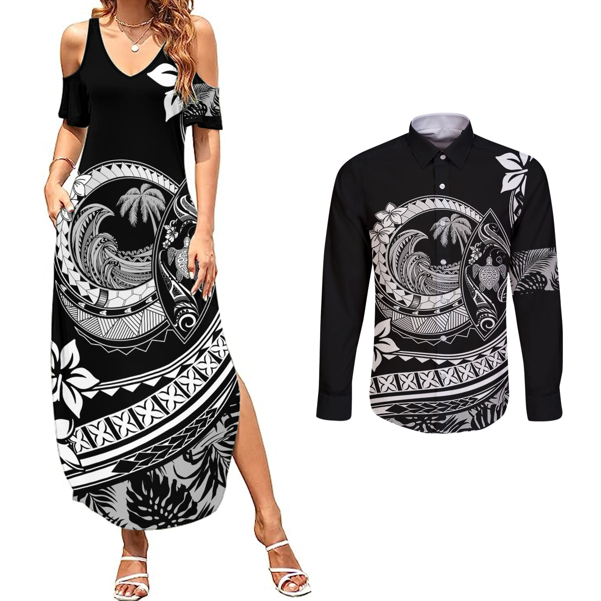 Polynesian Plumeria Couples Matching Summer Maxi Dress and Long Sleeve Button Shirts Ride The Waves - Black LT7 - Wonder Print Shop