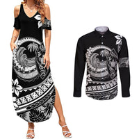 Polynesian Plumeria Couples Matching Summer Maxi Dress and Long Sleeve Button Shirts Ride The Waves - Black LT7 - Wonder Print Shop