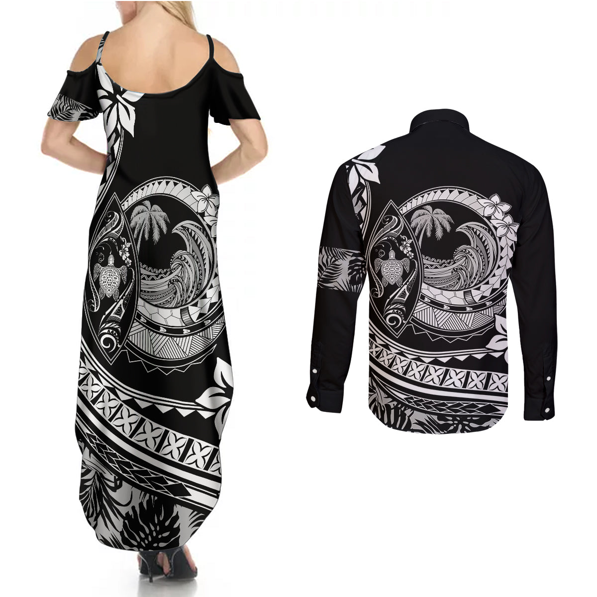 Polynesian Plumeria Couples Matching Summer Maxi Dress and Long Sleeve Button Shirts Ride The Waves - Black LT7 - Wonder Print Shop