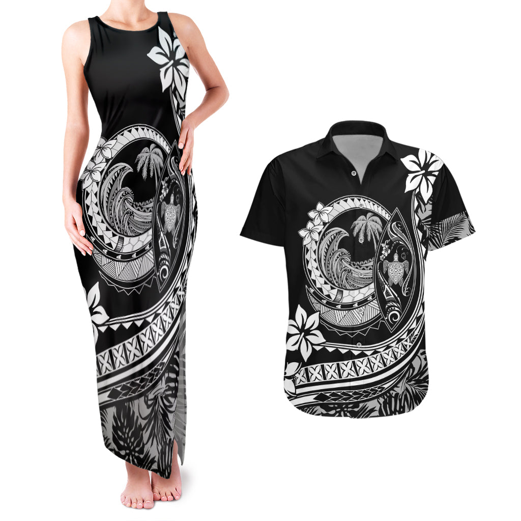 Polynesian Plumeria Couples Matching Tank Maxi Dress And Hawaiian Shirt Ride The Waves - Black LT7 - Wonder Print Shop