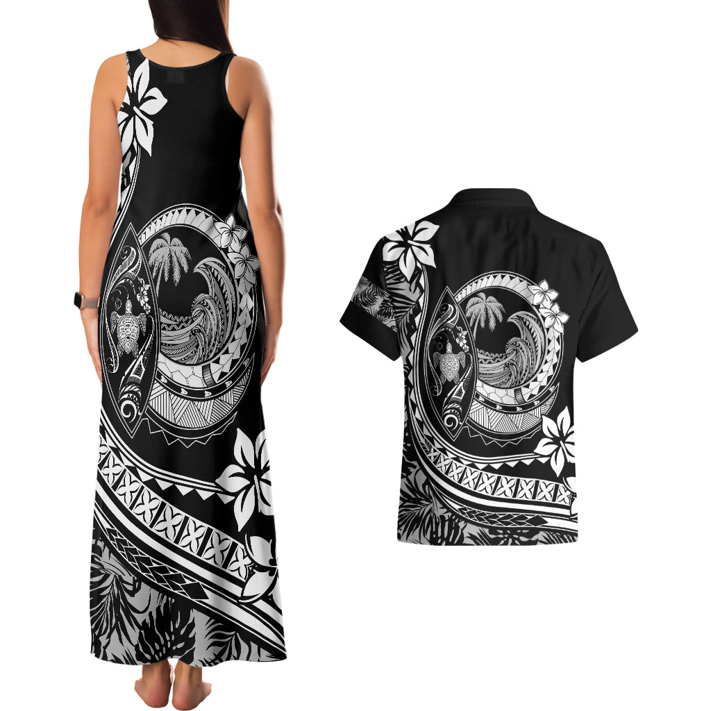 Polynesian Plumeria Couples Matching Tank Maxi Dress And Hawaiian Shirt Ride The Waves - Black LT7 - Wonder Print Shop