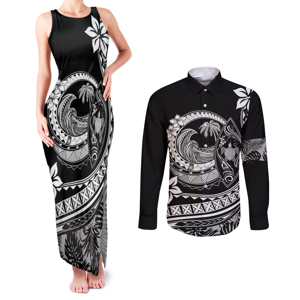 Polynesian Plumeria Couples Matching Tank Maxi Dress and Long Sleeve Button Shirts Ride The Waves - Black LT7 - Wonder Print Shop
