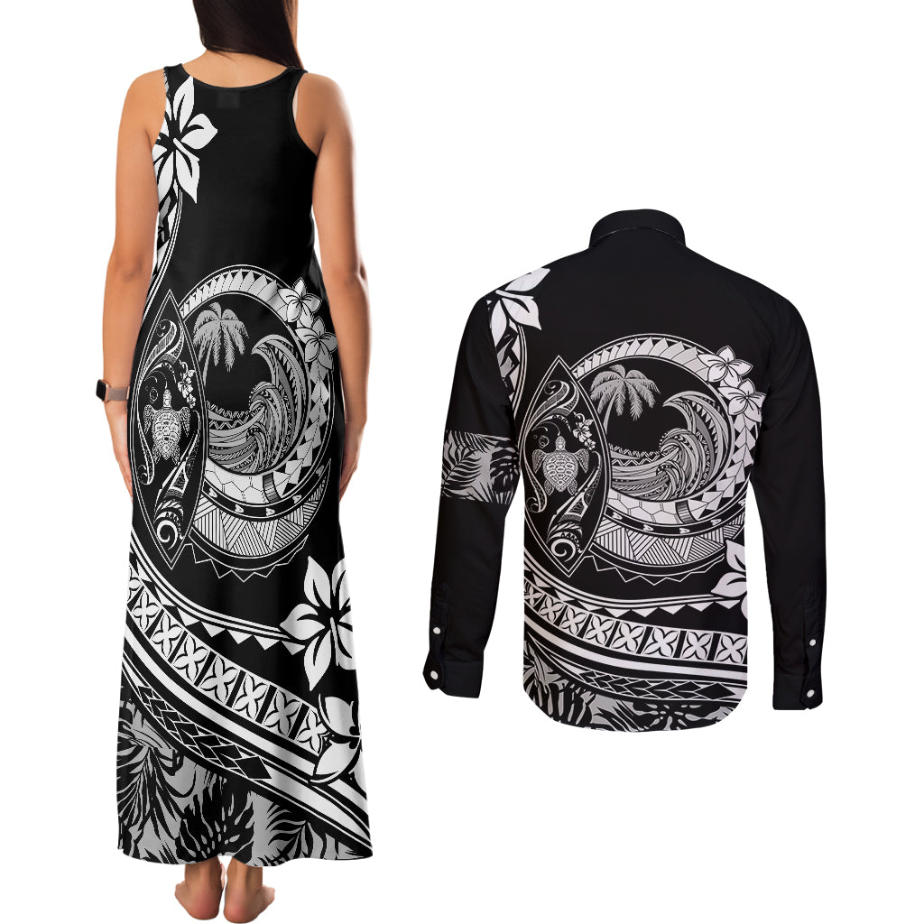 Polynesian Plumeria Couples Matching Tank Maxi Dress and Long Sleeve Button Shirts Ride The Waves - Black LT7 - Wonder Print Shop