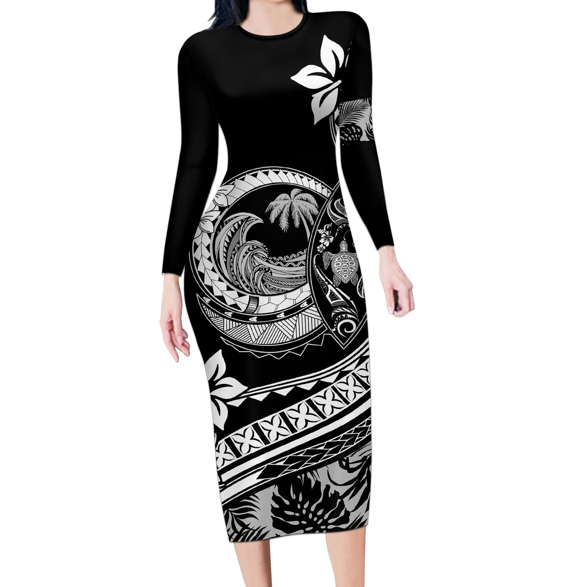 Polynesian Plumeria Long Sleeve Bodycon Dress Ride The Waves - Black - Wonder Print Shop