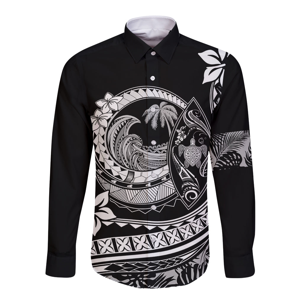 Polynesian Plumeria Long Sleeve Button Shirt Ride The Waves - Black - Wonder Print Shop