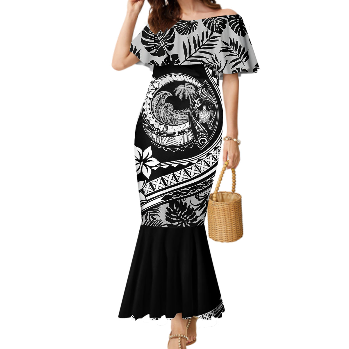 Polynesian Plumeria Mermaid Dress Ride The Waves - Black - Wonder Print Shop