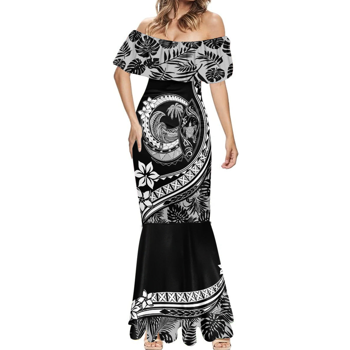 Polynesian Plumeria Mermaid Dress Ride The Waves - Black - Wonder Print Shop