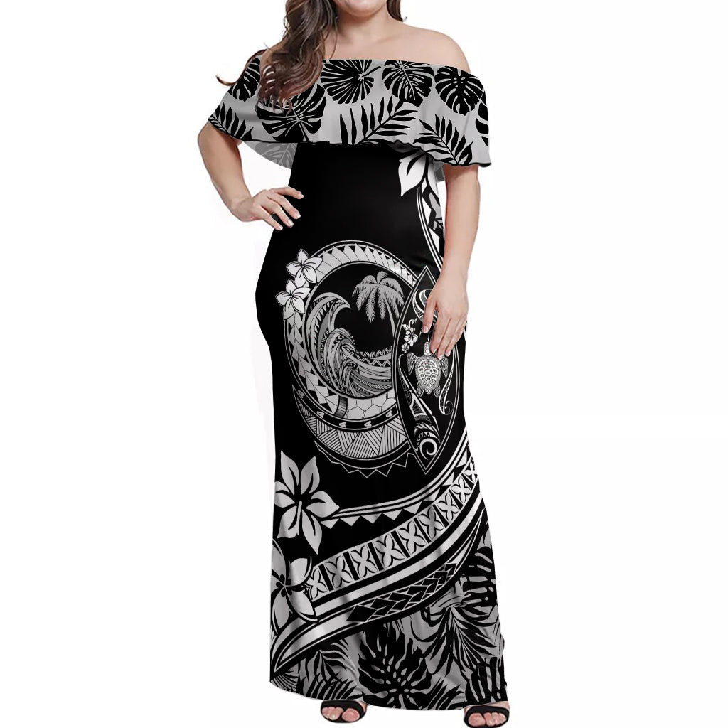 Polynesian Plumeria Off Shoulder Maxi Dress Ride The Waves - Black - Wonder Print Shop