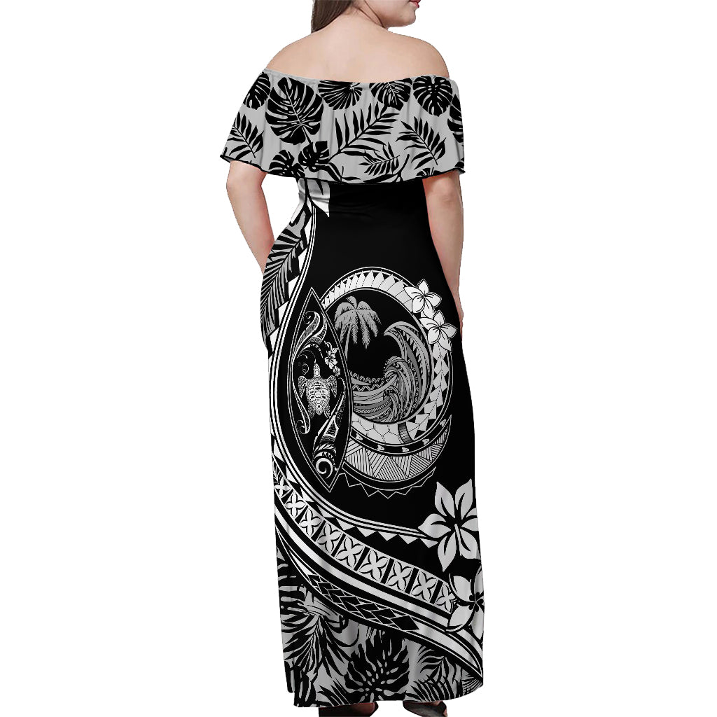 Polynesian Plumeria Off Shoulder Maxi Dress Ride The Waves - Black - Wonder Print Shop