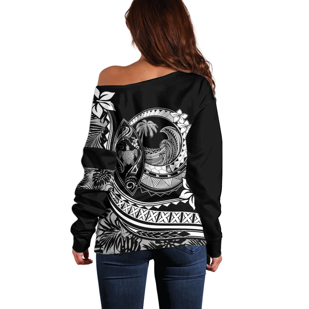 Polynesian Plumeria Off Shoulder Sweater Ride The Waves - Black - Wonder Print Shop