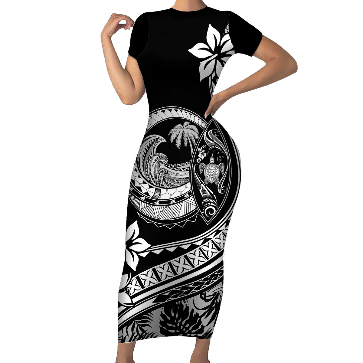 Polynesian Plumeria Short Sleeve Bodycon Dress Ride The Waves - Black - Wonder Print Shop