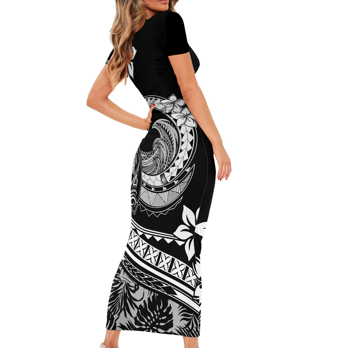 Polynesian Plumeria Short Sleeve Bodycon Dress Ride The Waves - Black - Wonder Print Shop