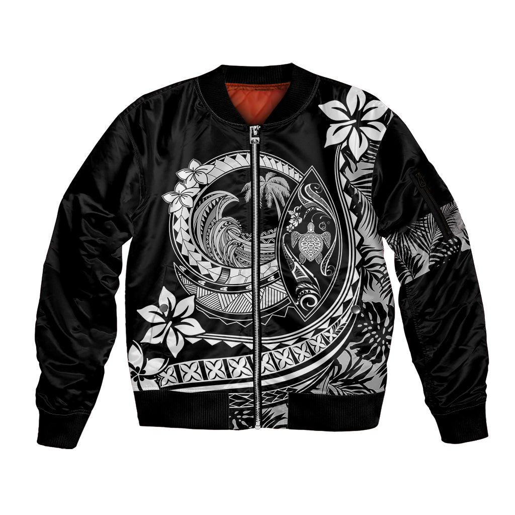 Polynesian Plumeria Sleeve Zip Bomber Jacket Ride The Waves - Black - Wonder Print Shop