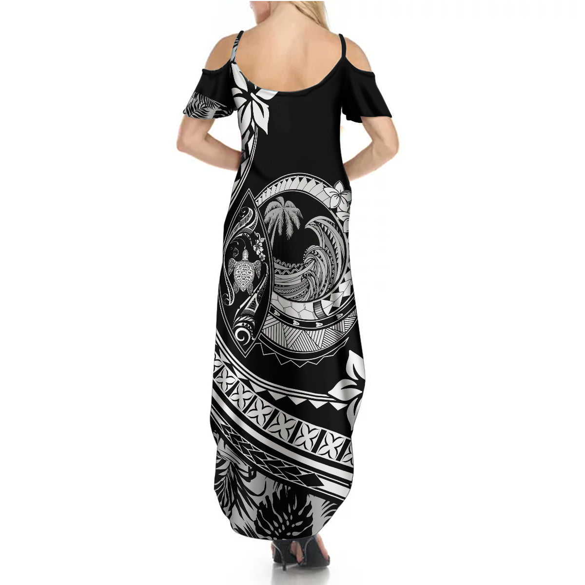 Polynesian Plumeria Summer Maxi Dress Ride The Waves - Black - Wonder Print Shop