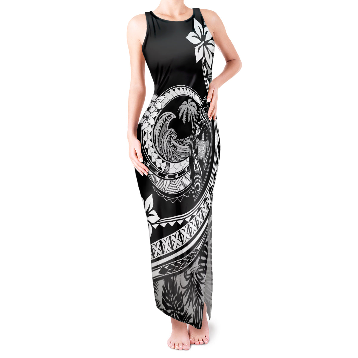 Polynesian Plumeria Tank Maxi Dress Ride The Waves - Black - Wonder Print Shop