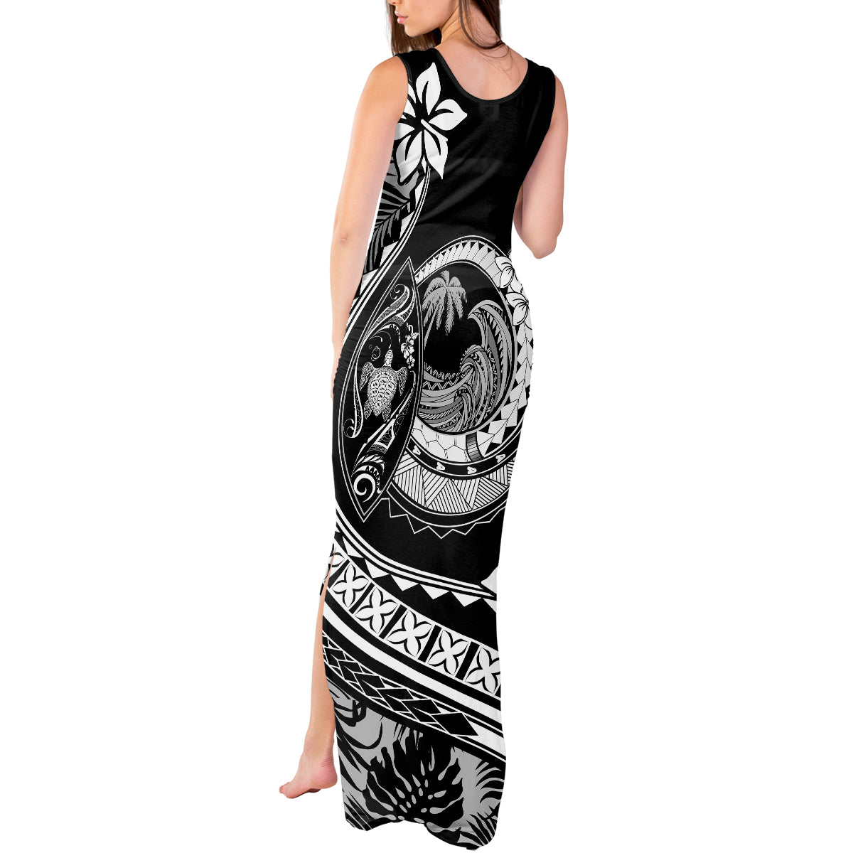 Polynesian Plumeria Tank Maxi Dress Ride The Waves - Black - Wonder Print Shop