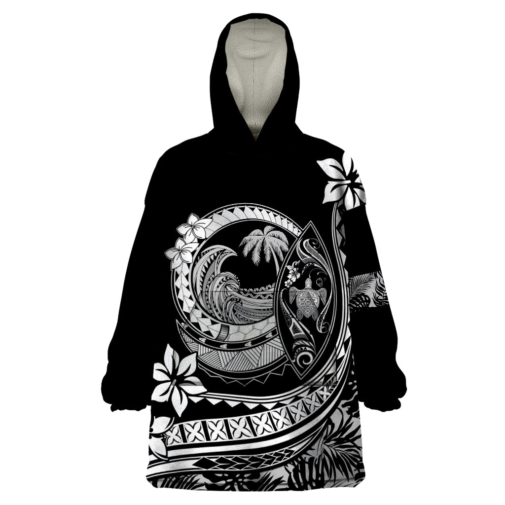Polynesian Plumeria Wearable Blanket Hoodie Ride The Waves - Black - Wonder Print Shop