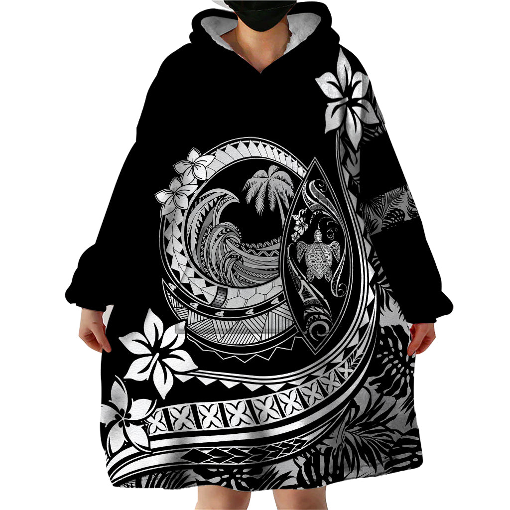 Polynesian Plumeria Wearable Blanket Hoodie Ride The Waves - Black - Wonder Print Shop