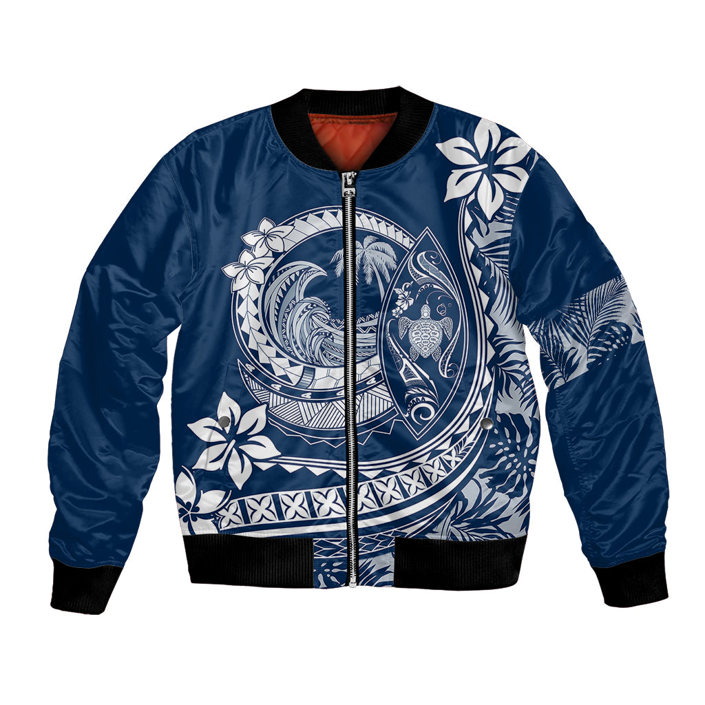 Polynesian Plumeria Bomber Jacket Ride The Waves - Navy Blue LT7 - Wonder Print Shop