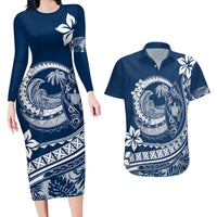 Polynesian Plumeria Couples Matching Long Sleeve Bodycon Dress and Hawaiian Shirt Ride The Waves - Navy Blue LT7 - Wonder Print Shop